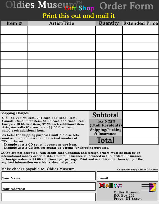 E-mail info@oldiesmuseum.com for ordering instructions if you can't see this form.